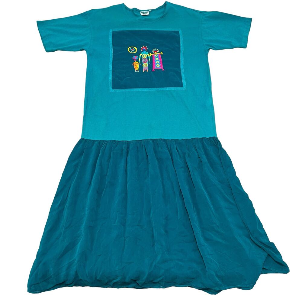 Johnny Was Embroidered T-Shirt Maxi Dress Turquoise Tribal M Boho Folk Indie - Picture 2 of 15